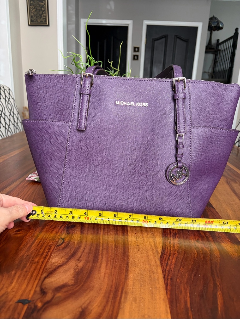 Michael Kors Purple Saffiano Leather Tote with Logo Charm